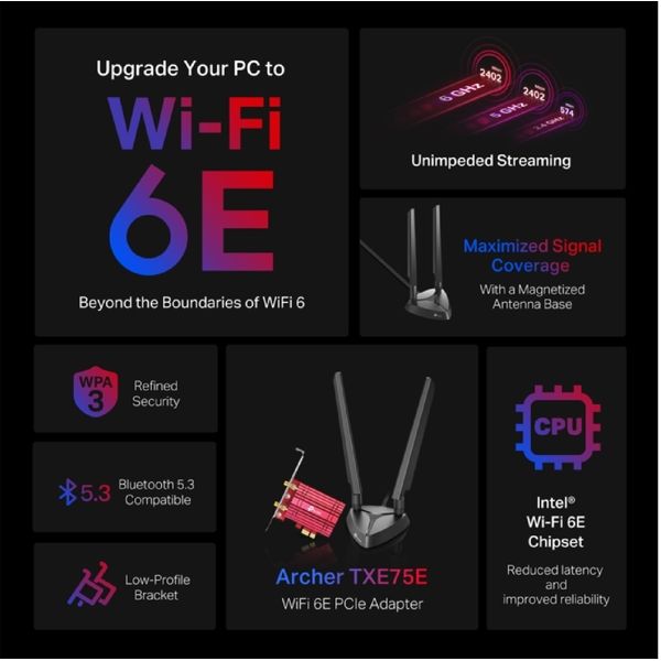 TP-Link, Archer TXE75E, AXE5400 Wi-Fi 6E Bluetooth PCle Adapter