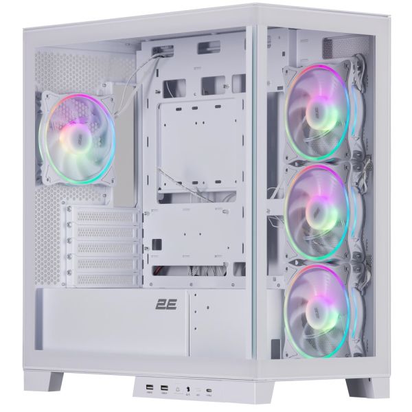 2E Gaming Computer case Fantom GK701W, without PSU, 2xUSB 3.0, 1xUSB Type-C, 4x120mm ARGB, controller with remote, TG Side/Front Panel, mATX, White