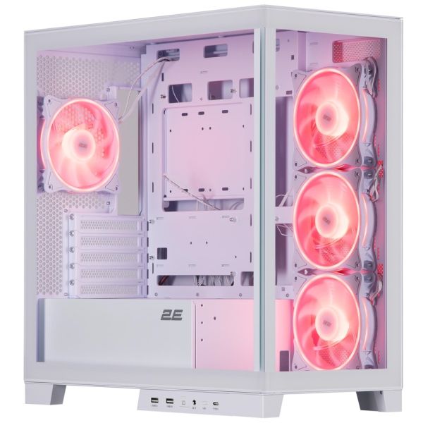 2E Gaming Computer case Fantom GK701W, without PSU, 2xUSB 3.0, 1xUSB Type-C, 4x120mm ARGB, controller with remote, TG Side/Front Panel, mATX, White