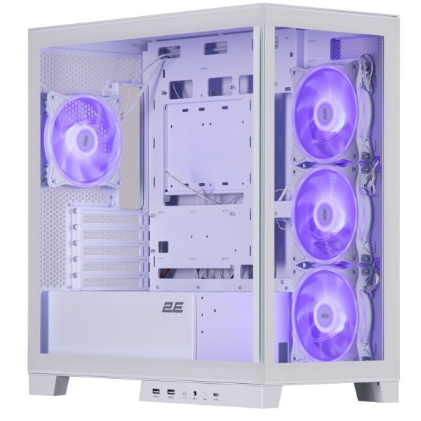 2E Gaming Computer case Fantom GK701W, without PSU, 2xUSB 3.0, 1xUSB Type-C, 4x120mm ARGB, controller with remote, TG Side/Front Panel, mATX, White