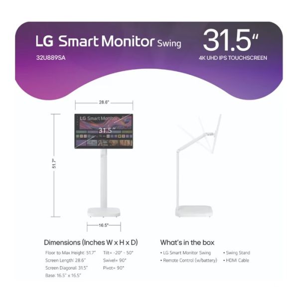 Monitor/ LG/ LG 32U889SA-W.AMA 32 Inch 4K 3840 x 2160 IPS 350 cd/m² 60Hz Touchscreen Smart Monitor Swing with Rolling Stand White