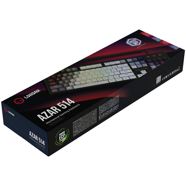 LORGAR Azar 514, Wired mechanical gaming keyboard, RGB backlight, 1680000 colour variations, 18 modes, keys number: 104, 50M clicks, linear dream switches, spring cable up to 3.4m, ABS plastic+metal, magnetic cover, 450*136*39mm, 1.17kg, white, EN+RU layout