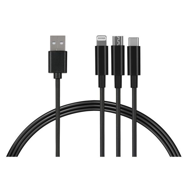 Cable 2E USB 3 in 1 Micro/Lightning/Type C, 5V/2.4A, Black,1.2m