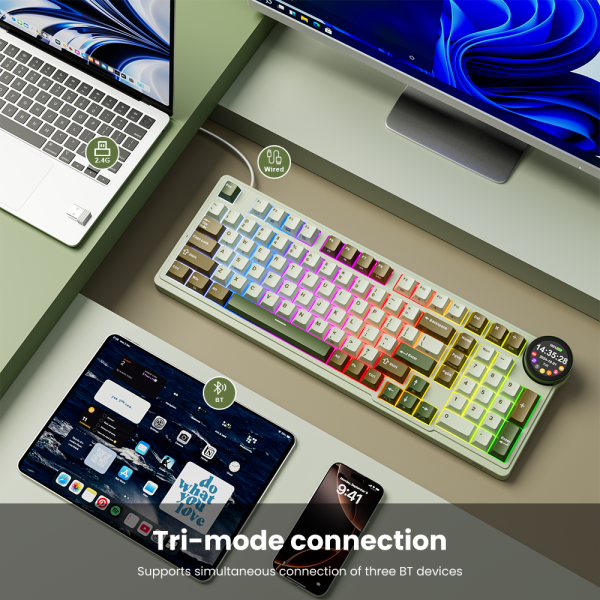 Royal Kludge RK N99 RGB Mechanical Keyboard, Cream Switch, Hot Swappable, Wireless, USB, Bluetooth, 2.4GHz, Palm Green