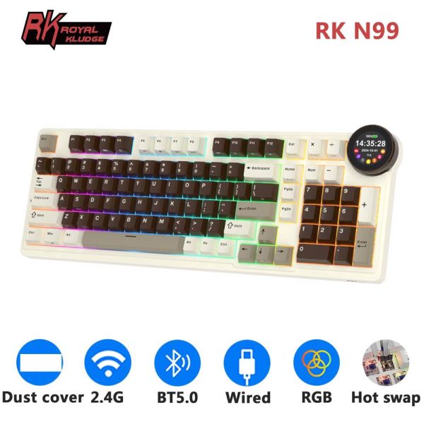 Royal Kludge RK N99 RGB Mechanical Keyboard, Violet Switch, Hot Swappable, Wireless, USB, Bluetooth, 2.4GHz, Mocha Grey