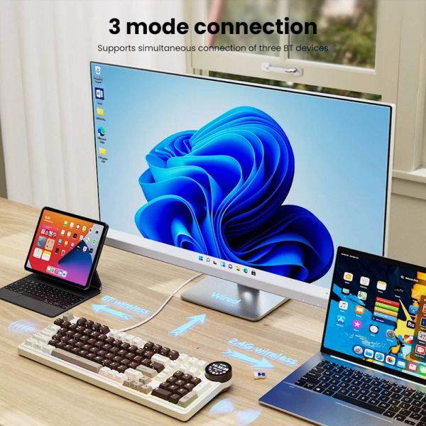 Royal Kludge RK N99 RGB Mechanical Keyboard, Violet Switch, Hot Swappable, Wireless, USB, Bluetooth, 2.4GHz, Mocha Grey