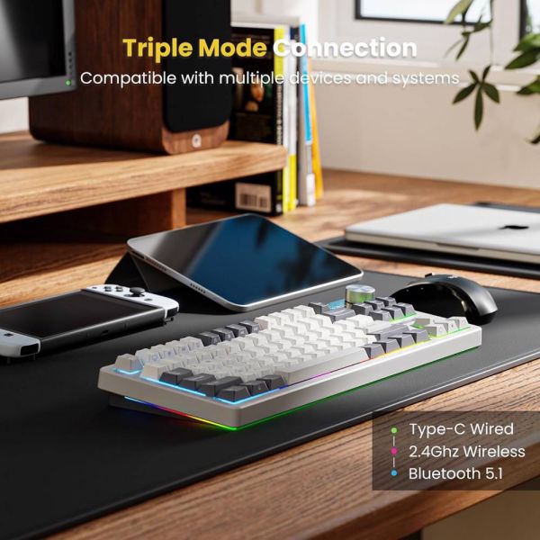 Royal Kludge RK S85 RGB Mechanical Keyboard, Cloud Switch, Hot Swappable, Wireless, Type-C, Bluetooth, 2.4GHz, White Night
