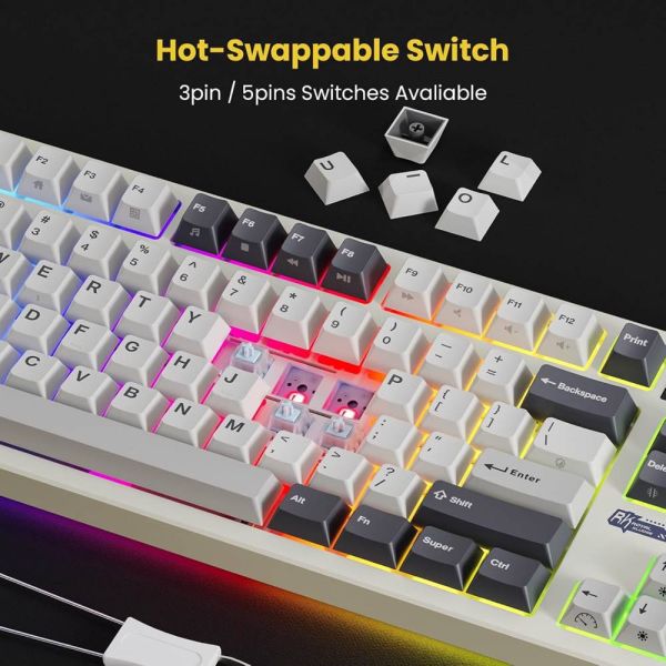Royal Kludge RK S85 RGB Mechanical Keyboard, Cloud Switch, Hot Swappable, Wireless, Type-C, Bluetooth, 2.4GHz, White Night