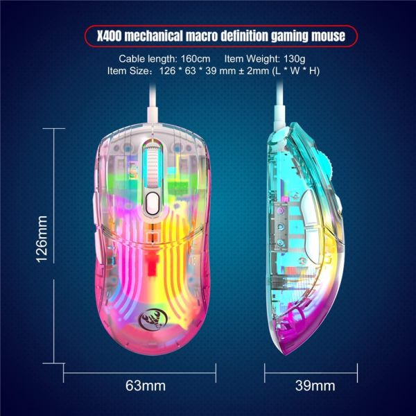 Transparent Gaming Mouse Wired Computer Mice with 13 RGB Light Modes