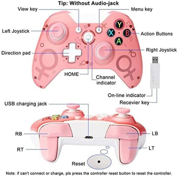 N1 2.4GHz Wireless USB Game Controller for Xbox One, PS3, Windows PC, Dual Motor Vibration Gamepad pink