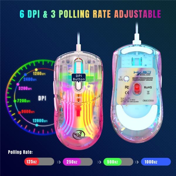 Transparent Gaming Mouse Wired Computer Mice with 13 RGB Light Modes