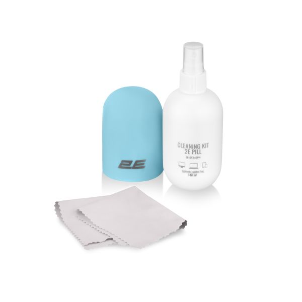 Cleaning kit 2E PILL for office equipment (liquid 140ml, whipe 20cm), white-blue