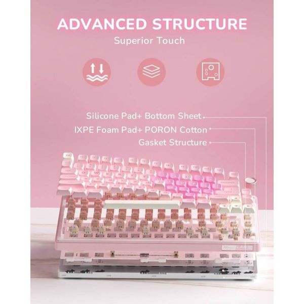 Royal Kludge RK R75-PM-XH RGB Mechanical Keyboard, Cream Switch, Hot Swappable, Wired, USB, Pink Melody