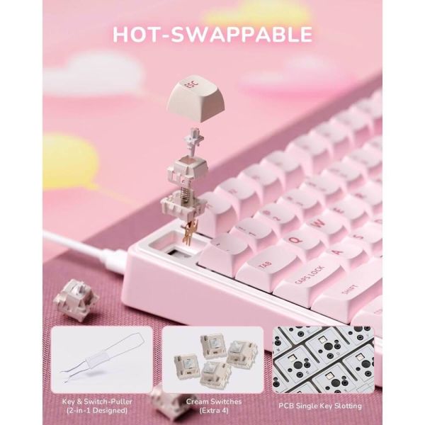 Royal Kludge RK R75-PM-XW RGB Mechanical Keyboard, Beige Switch, Hot Swappable, Wired, USB, Pink Melody
