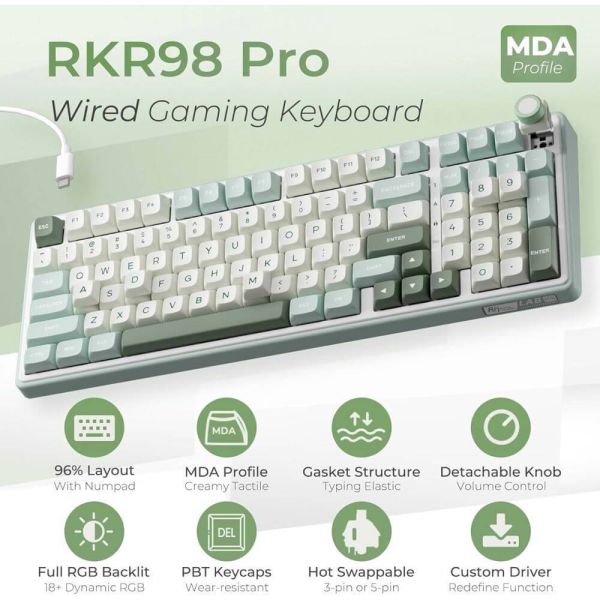 Royal Kludge RK R98PRO-SK-XW RGB Mechanical Keyboard, Beige Switch, Hot Swappable, Wired, Sky Cyan