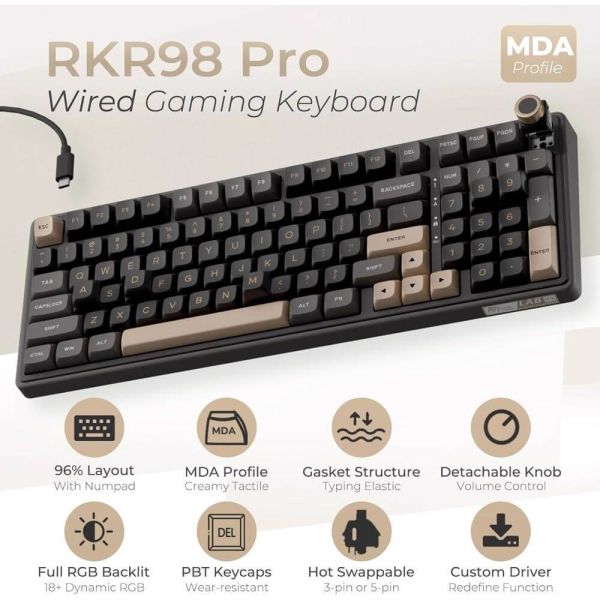 Royal Kludge RK R98PRO-PT-XW RGB Mechanical Keyboard, Beige Switch, Hot Swappable, Wired, Phantom