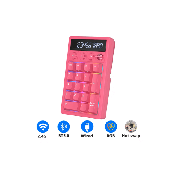 Keyboard Royal Kludge RK M20-BR-YXZ RGB Mechanical Numpad, Violet Switch, Hot Swappable, Wireless, Type-C, Bluetooth, 2.4GHz, Berry Red