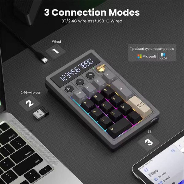 Keyboard Royal Kludge RK M20-PT-YXZ RGB Mechanical Numpad, Violet Switch, Hot Swappable, Wireless, Type-C, Bluetooth, 2.4GHz, Phantom