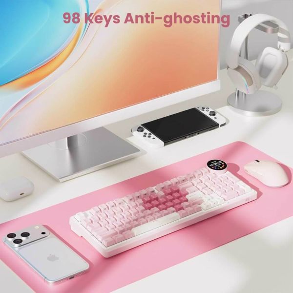 Royal Kludge RK N99-PM-XH RGB Mechanical Keyboard, Cream Switch, Hot Swappable, Wireless, Type-C, Bluetooth, 2.4GHz, Pink Melody