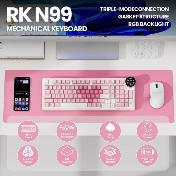 Royal Kludge RK N99-PM-XH RGB Mechanical Keyboard, Cream Switch, Hot Swappable, Wireless, Type-C, Bluetooth, 2.4GHz, Pink Melody
