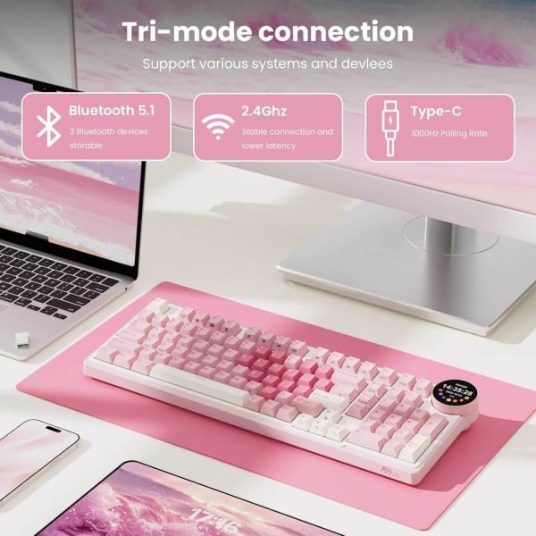 Royal Kludge RK N99-PM-XH RGB Mechanical Keyboard, Cream Switch, Hot Swappable, Wireless, Type-C, Bluetooth, 2.4GHz, Pink Melody