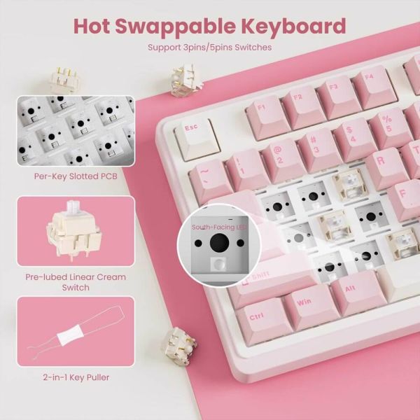 Royal Kludge RK N99-PM-XH RGB Mechanical Keyboard, Cream Switch, Hot Swappable, Wireless, Type-C, Bluetooth, 2.4GHz, Pink Melody