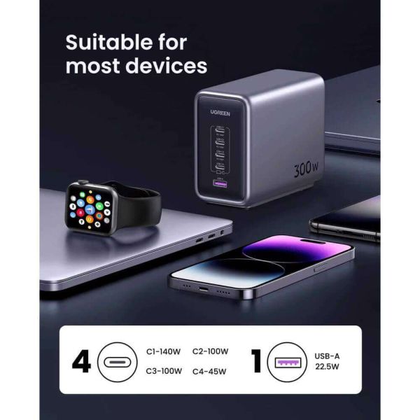 Mobile phone charger UGREEN CD333 (90903B) Nexode, 300W, Type-C, USB, 5-Port PD GaN Fast Charger, Gray
