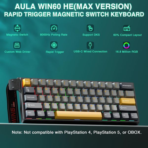 Keyboard: AULA WIN60 HE MAX RGB Wired Gaming Keyboard Dark Grey/Light gray/Yellow (Wing Chun Magnetic Switch)