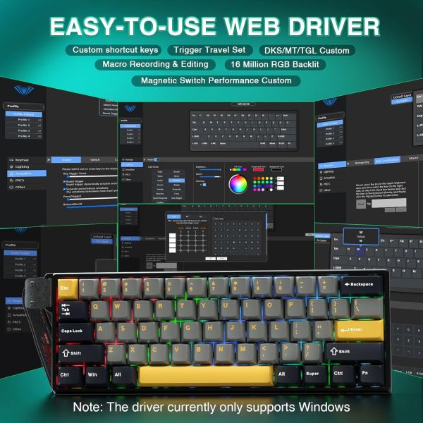 Keyboard: AULA WIN60 HE MAX RGB Wired Gaming Keyboard Dark Grey/Light gray/Yellow (Wing Chun Magnetic Switch)