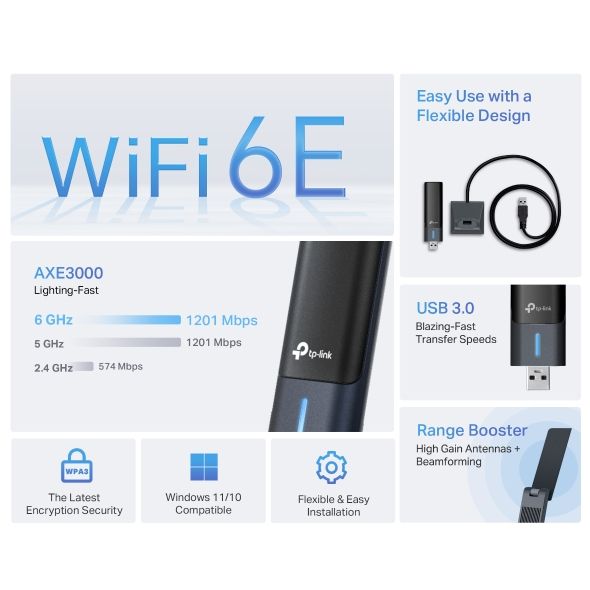 Archer TXE50UH, TPLINK, USB Adapter, AXE3000 Wi-Fi 6E High Gain Wireless USB 3.0, .
