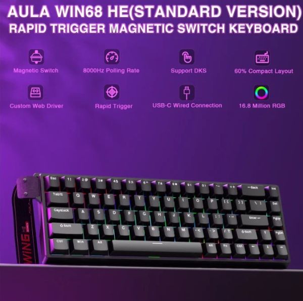 Keyboard: AULA WIN68 HE Standard edition RGB Wired Gaming Keyboard Black (Graywood Magnetic Switch)