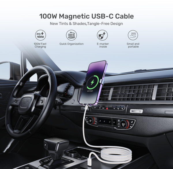 C14141AWH01-1M, UNITEK, 1M, 100W Magnetic USB-C Charging Cable, White.