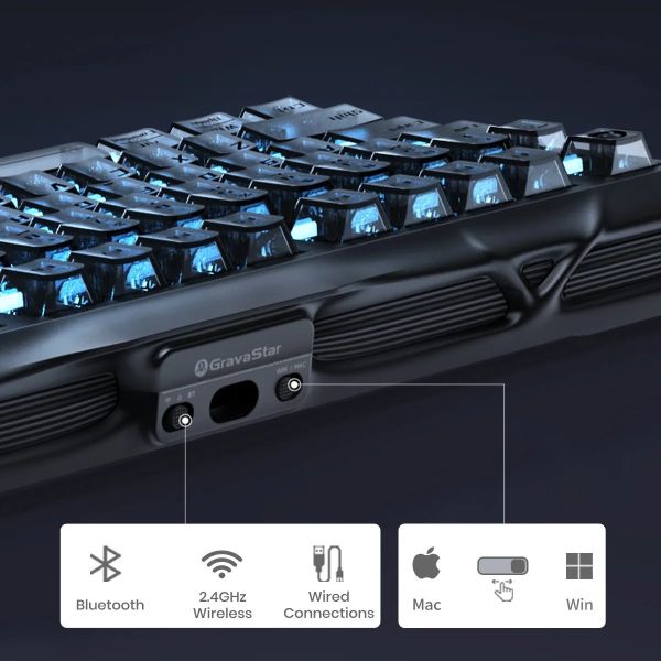 Keyboard GravaStar Mercury K1 80keys, GravaStar x Kailh Cheery Pink, EN, BT/WL/USB, Stealth Black