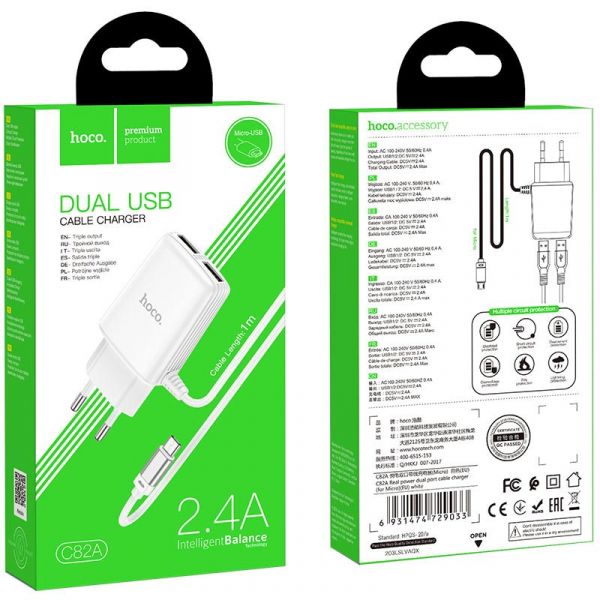 Wall charger “C82A Real power” EU dual port with built-in wire