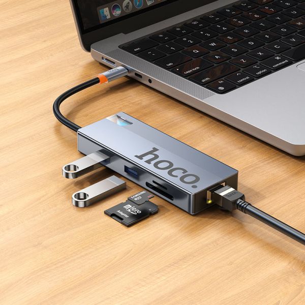 Hoco HB52 Wow 8-in-1 multi-function converter(HDTV+RJ45+SD/TF+PD+Type-C3.0+USB3.0*2) deep space gray