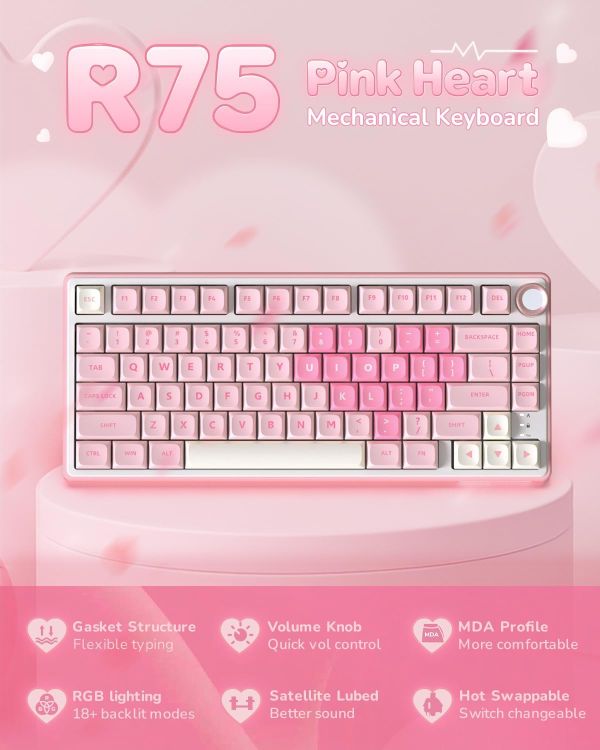 Royal Kludge RK R75-PM-XW RGB Mechanical Keyboard, Beige Switch, Hot Swappable, Wired, USB, Pink Melody