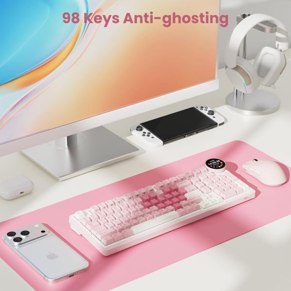 Royal Kludge RK N99-PM-XH RGB Mechanical Keyboard, Cream Switch, Hot Swappable, Wireless, Type-C, Bluetooth, 2.4GHz, Pink Melody