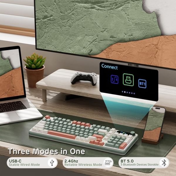 Royal Kludge RK S98 RGB Mechanical Keyboard, Chartreuse switch, Smart Display, Hot Swappable, Type-C wired, Bluetooth 5.0, 2.4GHz, Camping