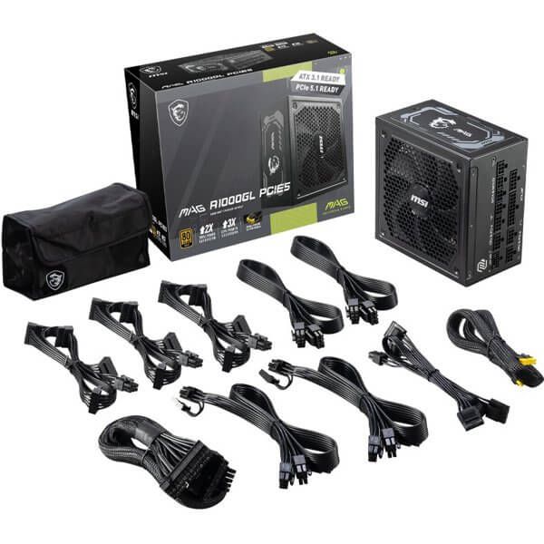 MSI PSU MAG A1000GL PCIE5 90%, 80 PLUS Gold, 135mm, 1xMB 24pin, 2xCPU(4+4 pin), 4xMolex, 12xSATA, 4xPCIe 8pin(6+2), 1xPCIe GEN5 16pin, Fully Modular