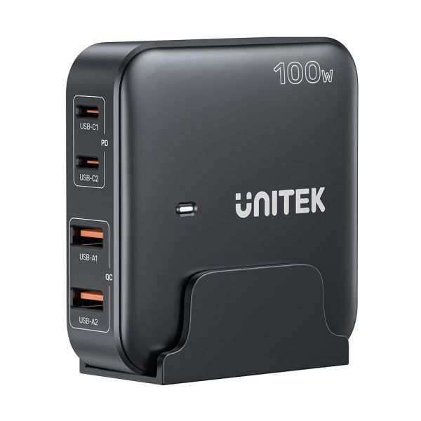 P1229ABK, UNITEK, Charger, 100W 4-in-1 Desktop GaN Charger (2*USB-C PD + 2*USB-A QC3.0), with 1.5M Power Cord, Black.