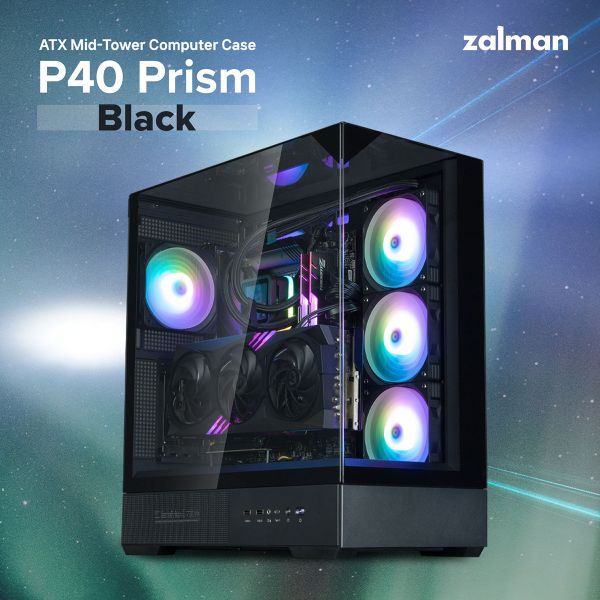 Zalman PC case P40 Prism without PSU, 2xUSB3.0, 1xUSBType-C, 1x120mm ARGB, VGA 420мм, LCS ready, TG 3x Panels, ATX, black