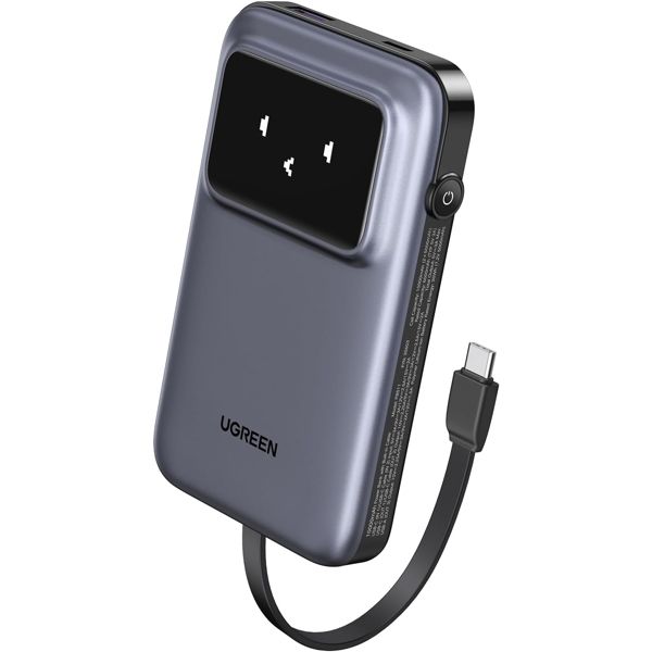 Portable Charger UGREEN PB511 (35603B) Uno, 10000mAh 30W, USB, Type-C, Power Bank With Built In Cable, Grey