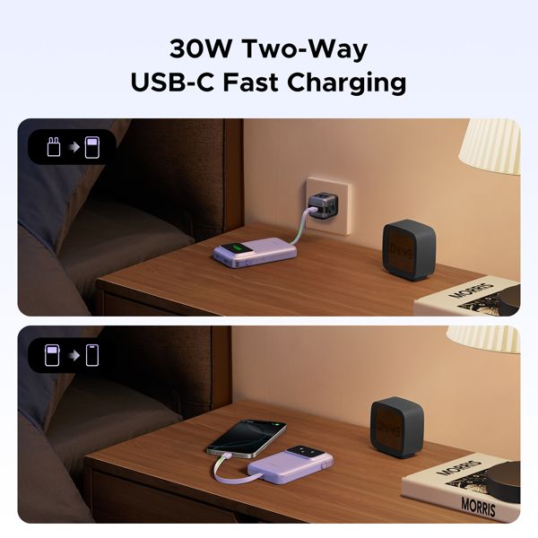 Portable Charger UGREEN PB511 (35604B) Uno, 10000mAh 30W, USB, Type-C, Power Bank With Built In Cable, Purple