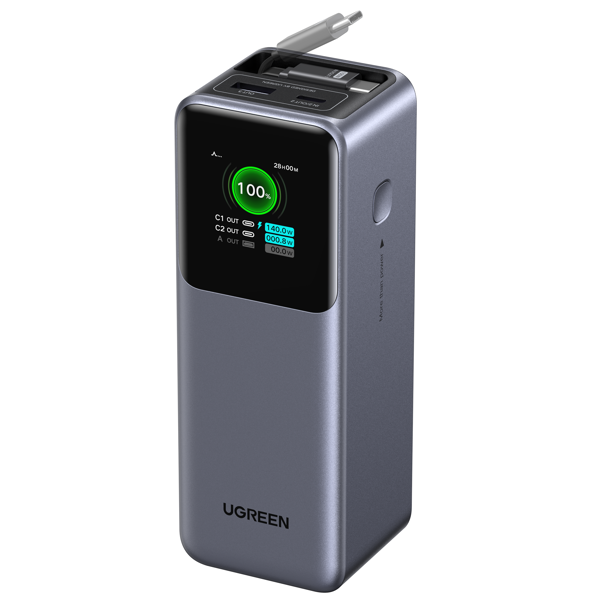 Portable Charger UGREEN PB726 (55987B) Nexode, 20000mAh, USB, Type-C, Power Bank With Retractable Type-C Cable, Grey