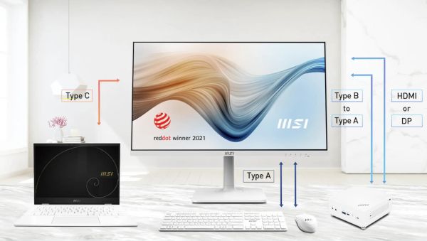 MD272XPW, MSI Modern Monitor, 27" FHD IPS, 100Hz, 1ms (MPRT), 178°-178°, SRGB, 16.7M, 2x 3W, VESA, HDMI, DisplayPort, Type C