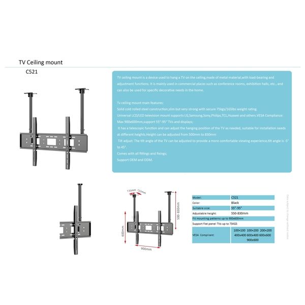 Allscreen C521, 55"-95", TV Ceiling Mount, Black