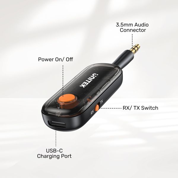 B1111A01, UNITEK, Bluetooth Adapter, 2-in-1 Bluetooth 5.3 Transmitter/Receiver, up to 10 m, latency 40ms, charge up to 10