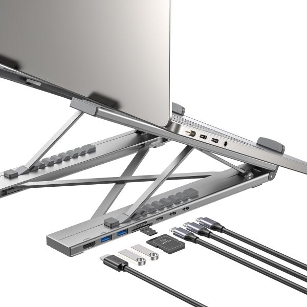 D1137A, UNITEK, Laptop Stand, Foldable, with Docking Station- 2*USB-A+USB-C 5Gbps+HDMI 4K+SD/Micro SD+PD 100W), Space Grey.