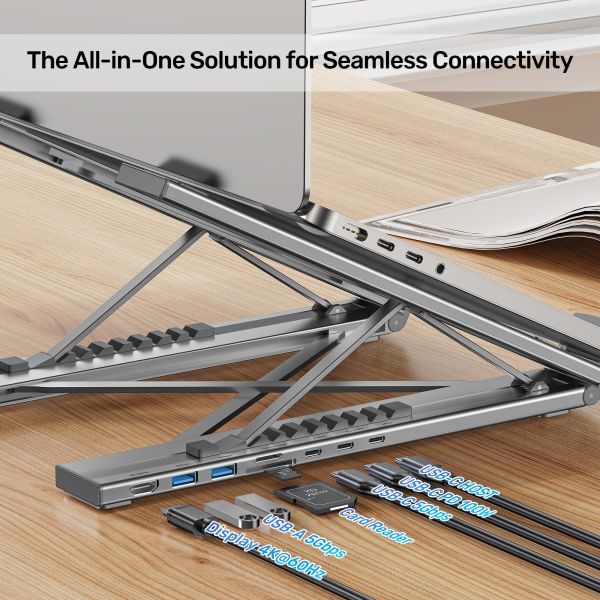 D1137A, UNITEK, Laptop Stand, Foldable, with Docking Station- 2*USB-A+USB-C 5Gbps+HDMI 4K+SD/Micro SD+PD 100W), Space Grey.
