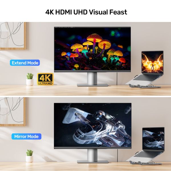 D1137A, UNITEK, Laptop Stand, Foldable, with Docking Station- 2*USB-A+USB-C 5Gbps+HDMI 4K+SD/Micro SD+PD 100W), Space Grey.